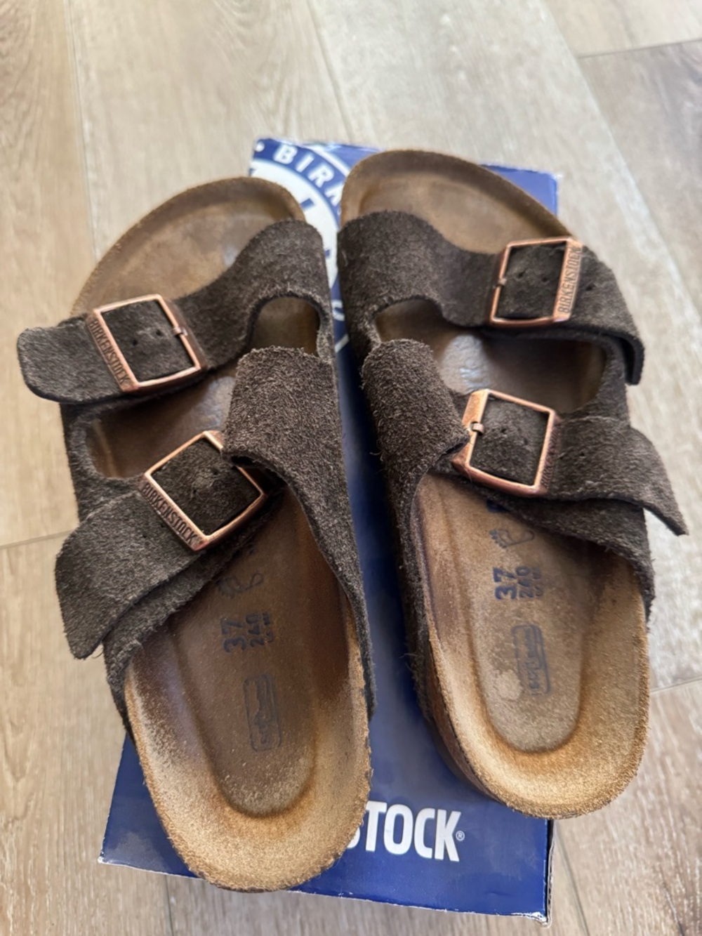 Birkenstock Kids Dark Brown Suede Two-Strap Sandals with Copper Buckles